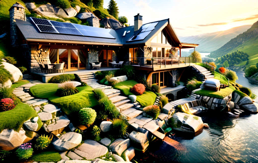 ultra-realistic image with high resolution and stable focus, correct and accurate anatomy, correct and accurate objects, different perspective, perfect detail, of an architectural style of a house built of stone and wood merging with nature, designed for ecological neutrality of natural materials, over a hill in the mountains, wide veranda, table chairs, barbecue, fire pit, swimming pool, dug into the rocks, covered with grass, steps, stone path, waterfall, lake, river, ultra realism, photo realism, single story, multi story, sloping, wind generators ,solar panels,sunset,birds in the sky <lora:fairytale_and_mythical_characters_r1:0.4> <lora:MJ52_v2.0:0.8> <lora:xl_more_art-full_v1:1>