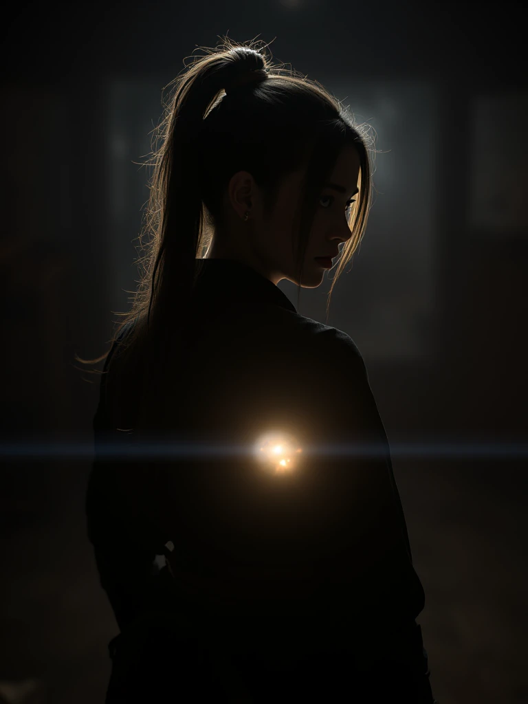 realistic,raw photo,a samurai woman with a really long pony tail she is backward toward the camera, the dask scene is barely lit with dim lighting, the main light source is in front of her. she is looking sideway,