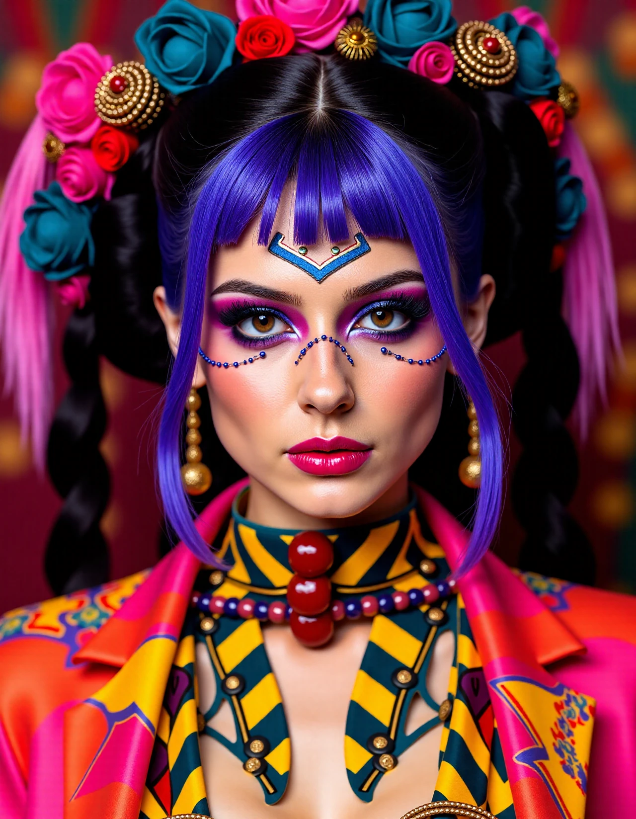 (best quality, 4K, 8K, high-resolution, masterpiece), ultra-detailed, photorealistic, striking young woman, bold Neo-Gothic makeup, bold Neo-Gothic hair, vibrant Pop Art inspired outfit, intricate facial designs, modern fashion, high fashion, vibrant colors