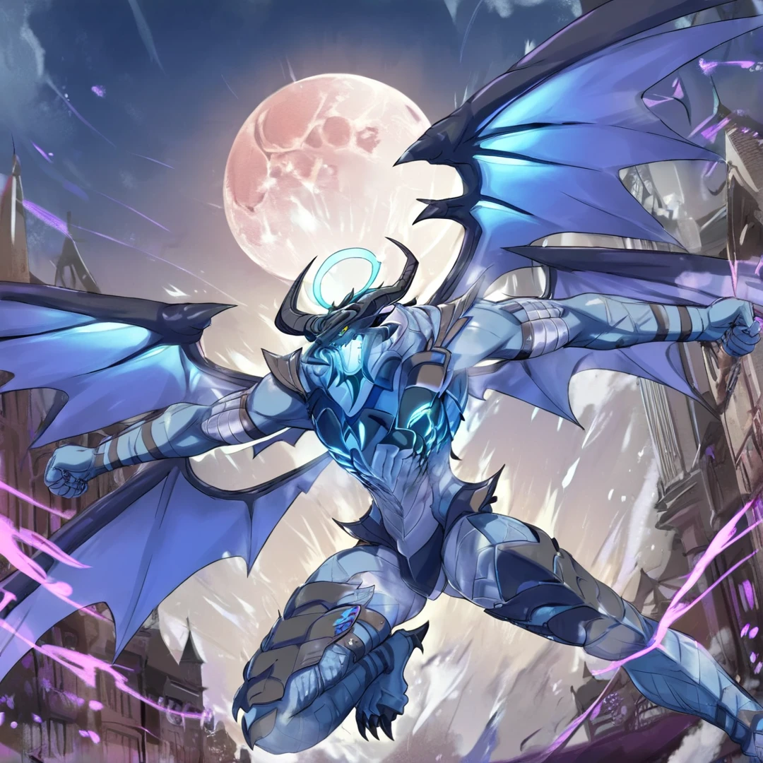 <lora:Volcanica:1>, volcanica, is an enormous dragon, who is covered in shiny pale blue scales, which are said to gleam like jewels, and seem sharper than a forged treasured sword, its thick paws are equipped with black, rock-like claws, its's face greatly resembles that of an earth dragon, with two large milky-white horns sticking out of each side of its head, finally, he has a pair of intelligent looking gold eyes, which emit a wise and awe-inspiring aura, another notable feature is the presence, of a mysterious white scar located directly underneath his jaw, it is said to be about 16 meters in height, solo, flying, in air, city, red sky, blood moon, breathing out fire, fighting