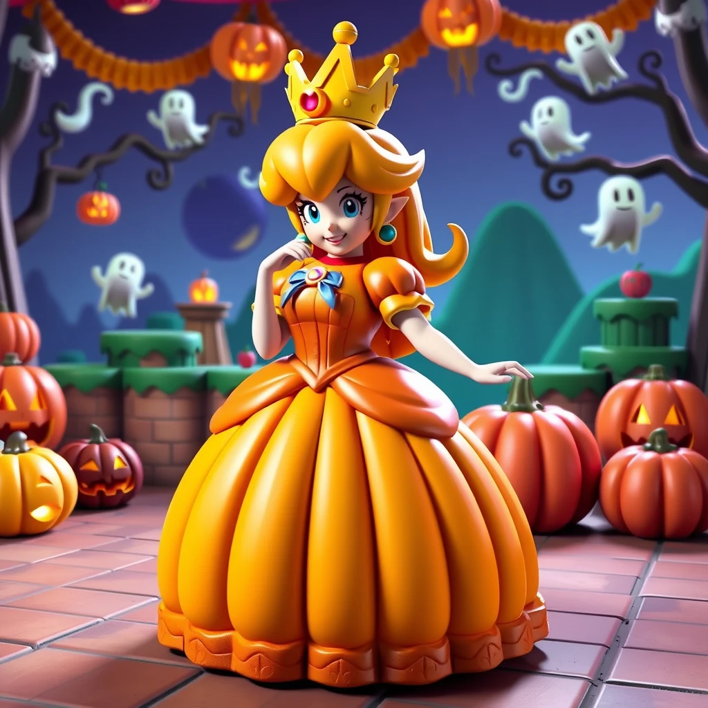 Pricess Peach from supermario with a pampmpkn dress made out of pumpkin and a pampmpkn crown. the background is a mario game level with halloween decoration and ghosts