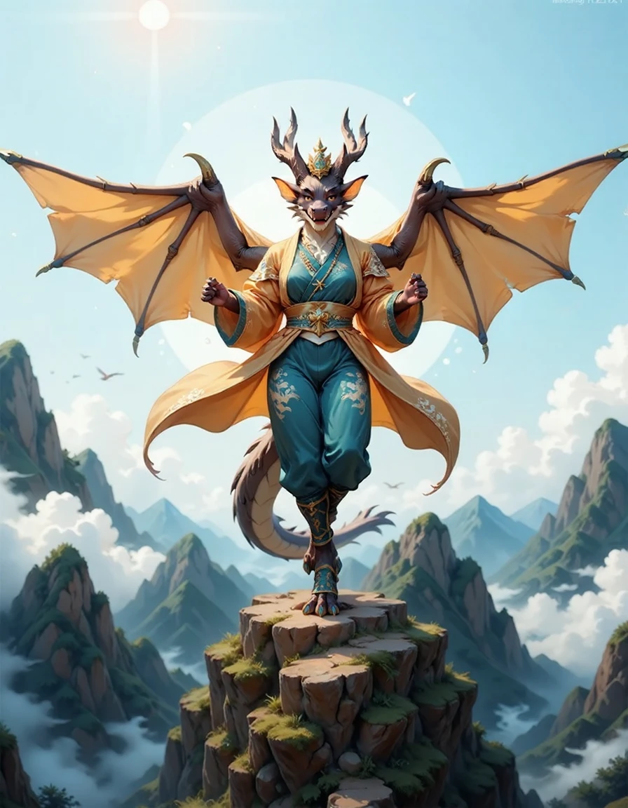 animanflux,This is a very detailed and realistic digital artwork.in traditional Chinese attire, Tang dynasty, At the top of a mountain peak surrounded by clouds, an anthropomorphized dragon was hovering in the sky. The mountain peak was surrounded by clouds and mist, as if it was a fairyland on earth, and the air was filled with a mysterious aura. Its eyes were deep and wise, with a hint of condescension on its face, as if it was looking down on everything in the world. Wearing a golden robe embroidered with cloud patterns and waves, it appeared dignified and sacred, and the hem of the robe swung gently as it flew, as if dancing with the clouds. Mountain peaks, clouds and mist, its robe gently swinging with the wind, the whole scene is full of mystery and solemnity., <lora:animan_V2.0_sampson:1.2>