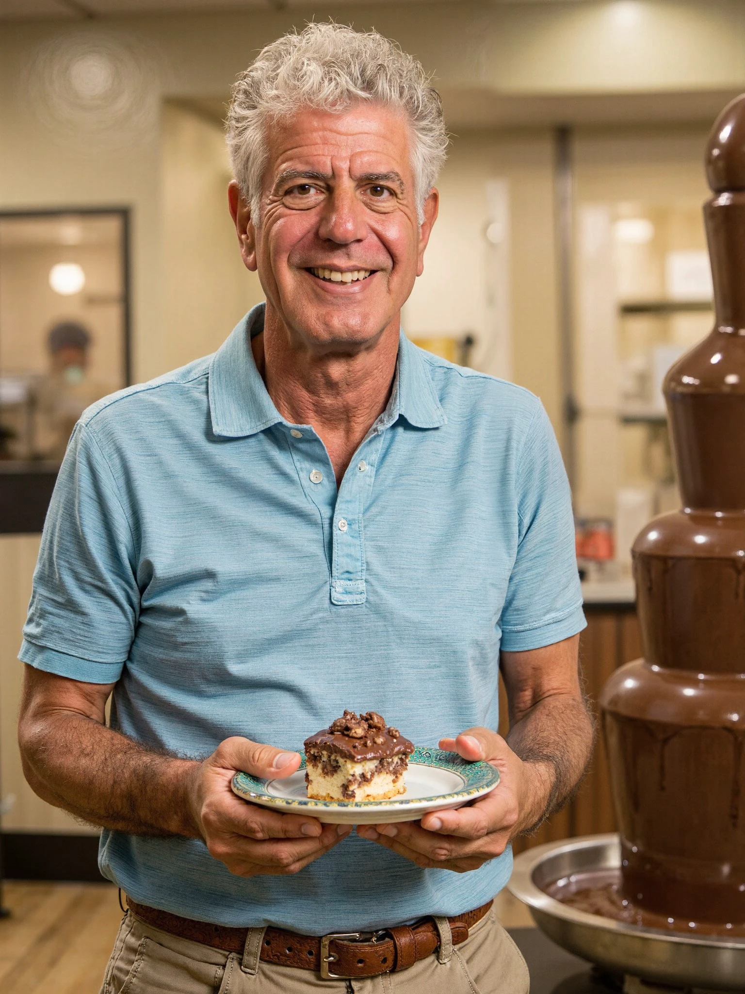 Anthony Bourdain man standing with a tray and plate at an American Golden Corral restaurant buffet chocolate fountain, golden corral chocolate foundtain dessert bar, happy, smiling, wearing a light blue polo shirt and khaki pants, american food, america, 