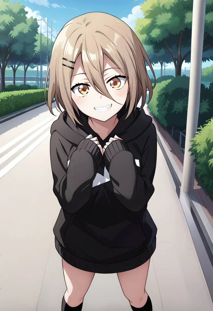 anime screencap, anime coloring,
outdoors, park,
BREAK
1girl, solo, full body, 
tsukiyo_riiko, hair ornament, hairclip, hair between eyes,
hood, hoodie, sleeves past wrists, 
socks,
smile, grin, looking at viewer,
head tilt, standing