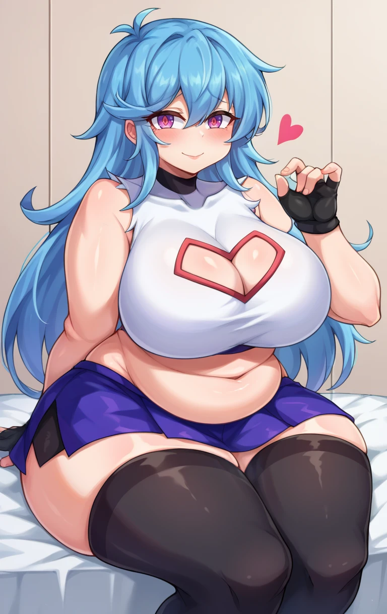 score_9,score_8_up,score_7_up BREAK <lora:skyblue:1>,SkyblueFNF,1girl,solo,long hair,skirt,large breasts,thighhighs,navel,cleavage,blue hair,purple eyes,heart,thighs,sleeveless,midriff,black thighhighs,miniskirt,blue skirt,crop top,clothing cutout,thick thighs,cleavage cutout,curvy,wide hips,plump,fat,heart-shaped pupils,blush stickers,:3,yandere,fingerless gloves,heart cutout,cowboy shot,room,room background,sitting,