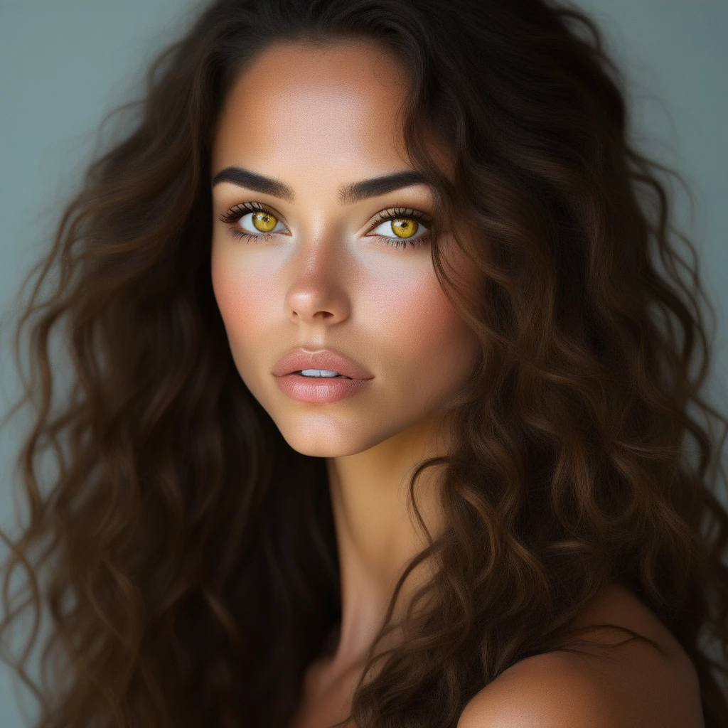 long hair, solo, divine8, brown hair, portrait, lips, yellow eyes, looking at viewer, realistic, wavy hair, parted lips
