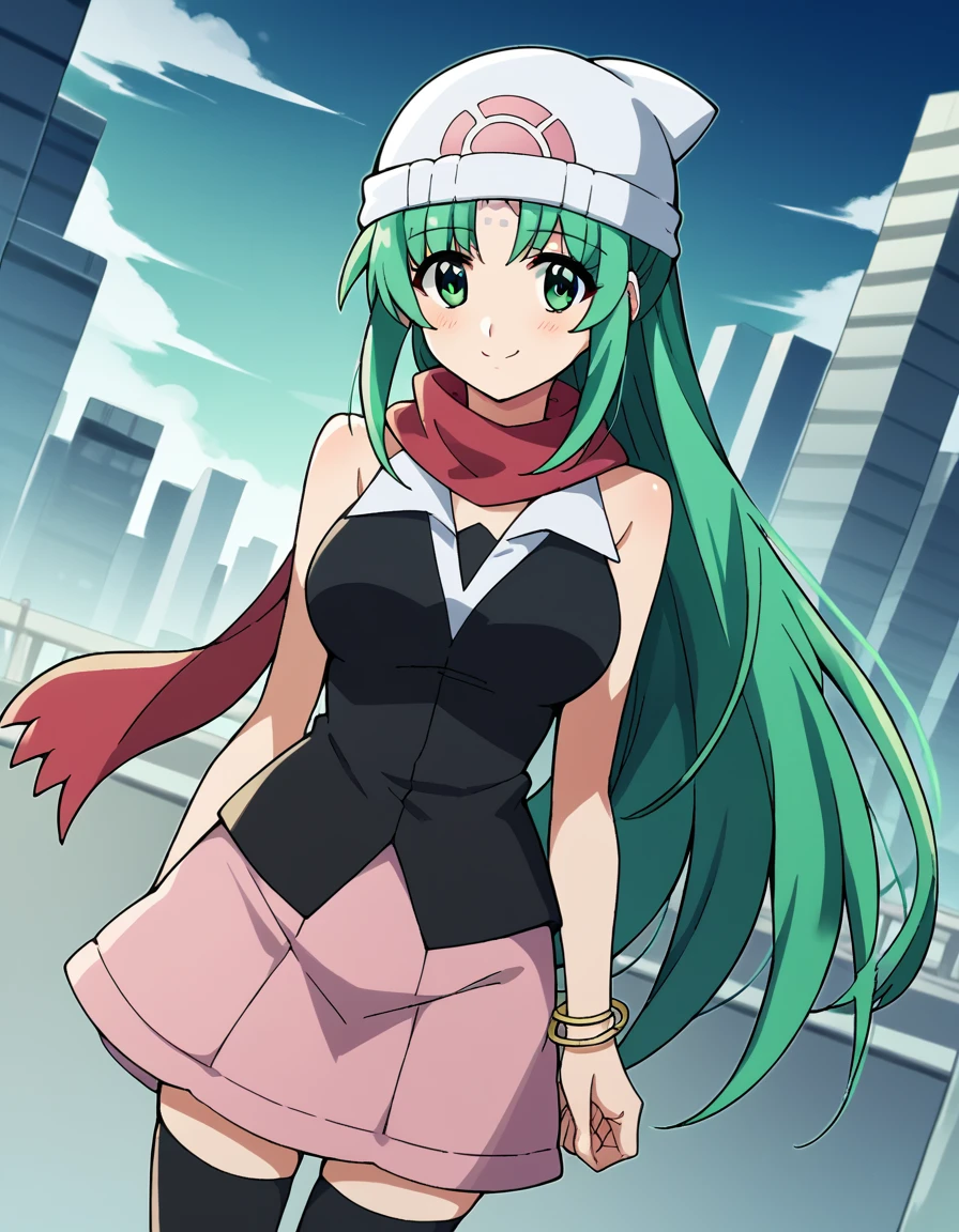 score_9, score_8_up, score_7_up, source_anime, <lora:lindy-harlaown-movie2-ponyxl-lora-nochekaiser:1>, lindy harlaown, long hair, very long hair, green eyes, ponytail, green hair, facial mark, forehead mark, large breasts,, <lora:dawn-pokemon-cosplay-ponyxl-lora-nochekaiser:1>, dawnpokemoncosplay, dawn (pokemon) (cosplay), bare shoulders, beanie, black shirt, black socks, bracelet, hat, jewelry, kneehighs, miniskirt, pink skirt, red scarf, scarf, shirt, skirt, sleeveless, sleeveless shirt, white headwear,, cityscape, street, smile, blush,, , dutch angle,