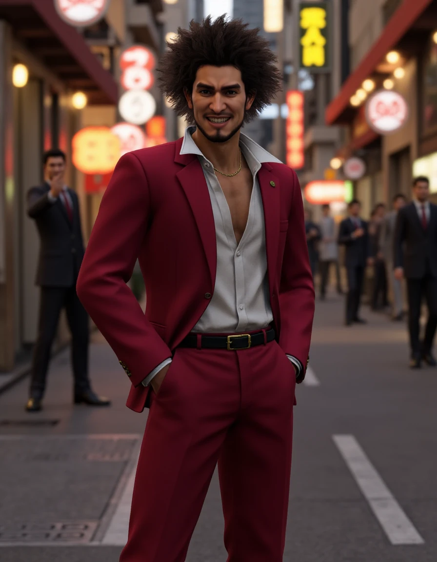 Full body CGI of ichbnksg wearing a gold necklace and unfastened red suit with white dress shirt underneath, black belt, red pants and black shoes. He has afro hair. He is grinning and standing while putting his hands in his pocket. The background implies Kabukicho, Japan. <lora:Ichiban_Kasuga_-_Flux:0.8>