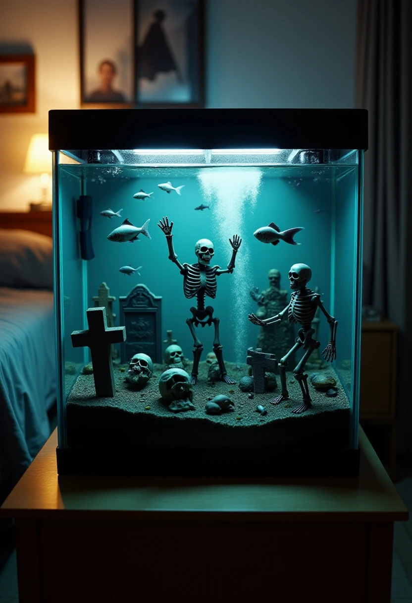 <lora:Aquarium_Ambience_Arranger_FLUX:0.8>
The image is a highly detailed photograph depicting an aquarium with fish that has been designed to resemble a scary halloween graveyard scene with skeletons. The aquarium is in a bedroom.