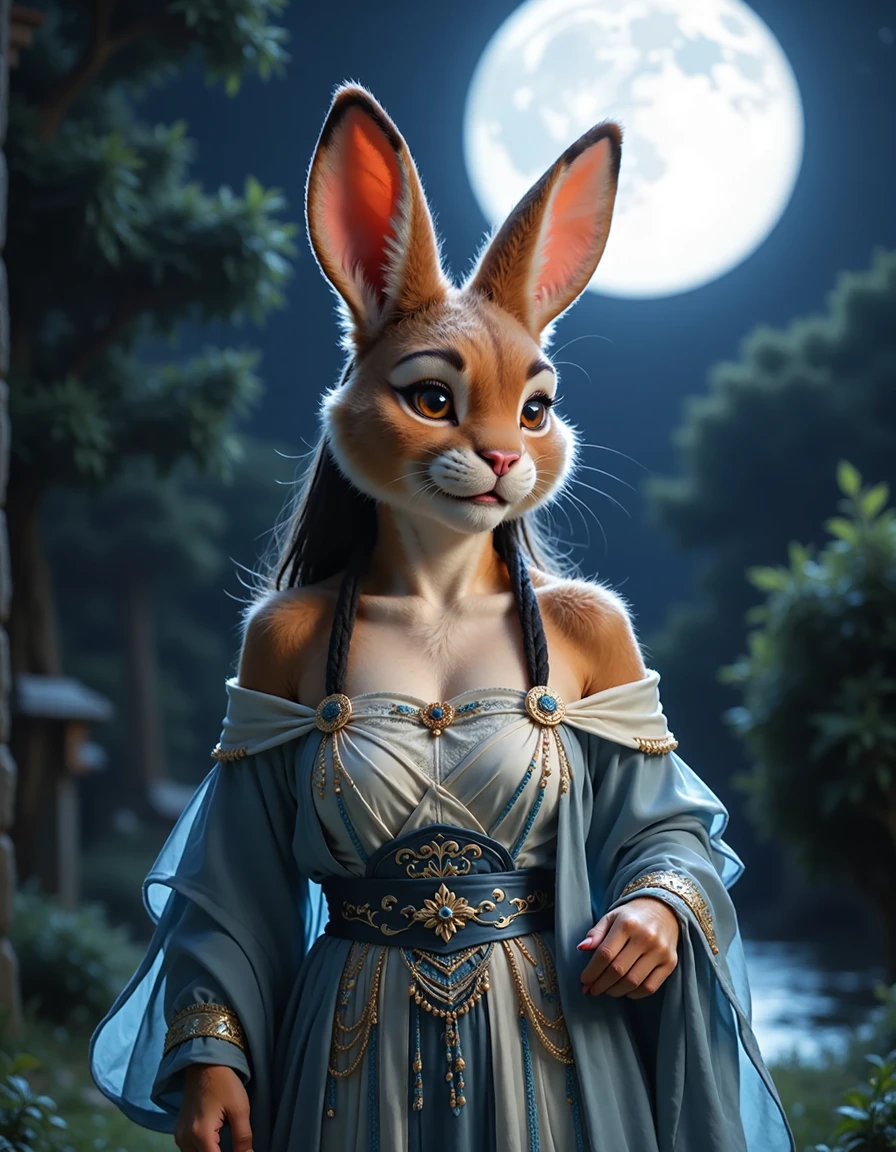 The photorealistic artwork portrays an anthropomorphic rabbit woman in traditional East Asian attire, set against a mystical, moonlit night scene.  Her rabbit features, including long ears and a soft snout, are highlighted by the delicate features of her fur-covered face.  She wears a flowing, off-the-shoulder gown in shades of blue and silver, adorned with intricate golden embellishments. ,<lora:animan_V1.0_sampson:0.75>, animanflux, <lora:asian_fok_F1_v2.0:1>