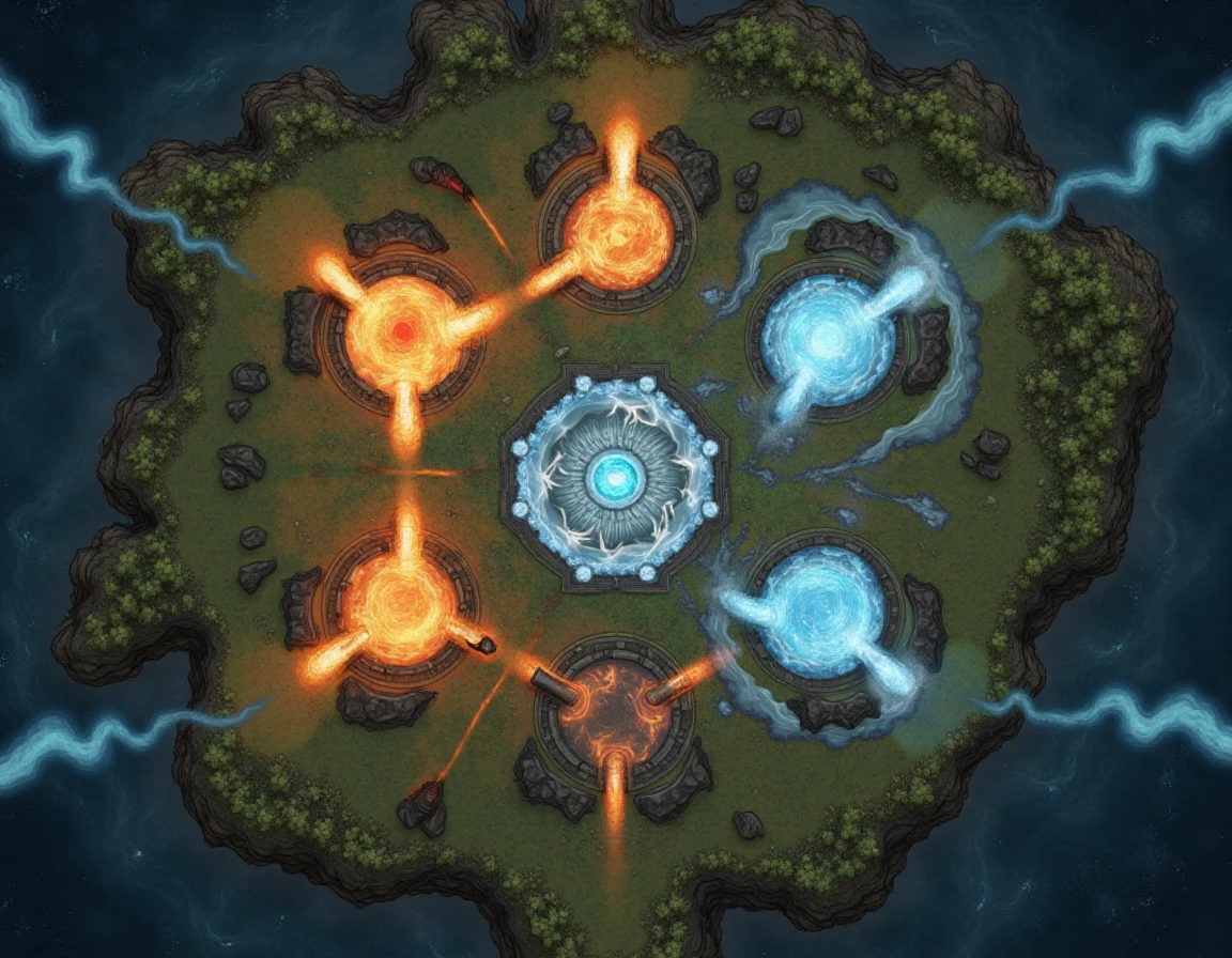 RPGmap, battle map of a mystical portal hub serving as a battlefield, with several active gateways arranged in a circular formation around a central nexus. Each portal leads to a different elemental plane and emits unique lights and effects: flames for fire, swirling water for water, floating rocks for earth, and gusting winds for air. The areas around each portal are affected by their element, altering the terrain—such as patches of fire that cause damage, water pools that slow movement, rocky outcrops providing cover, and wind currents that can move characters. Control of the central nexus can influence the portals' behaviors. Fantasy art style