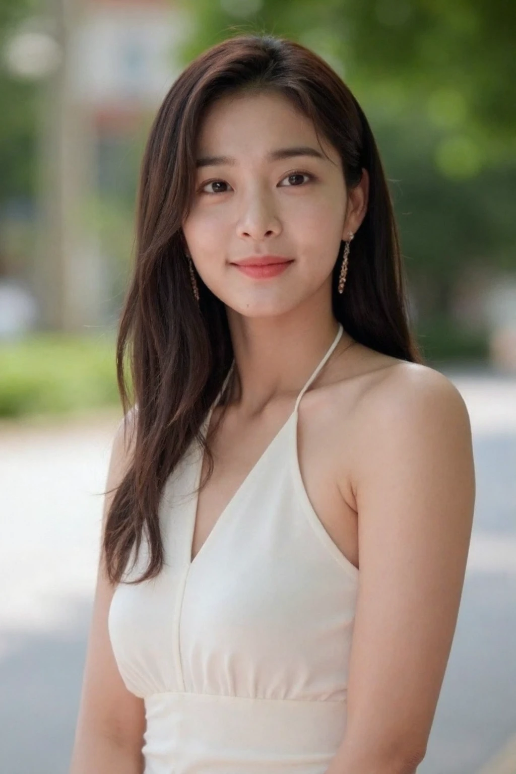 The image is a high-resolution photograph of a young Asian woman, likely in her early twenties wearing a halter dress, bokeh background, outdoor, <lora:flux_realism_lora:1>,   <lora:makinaflux_seolinah_v1.0.S:1>