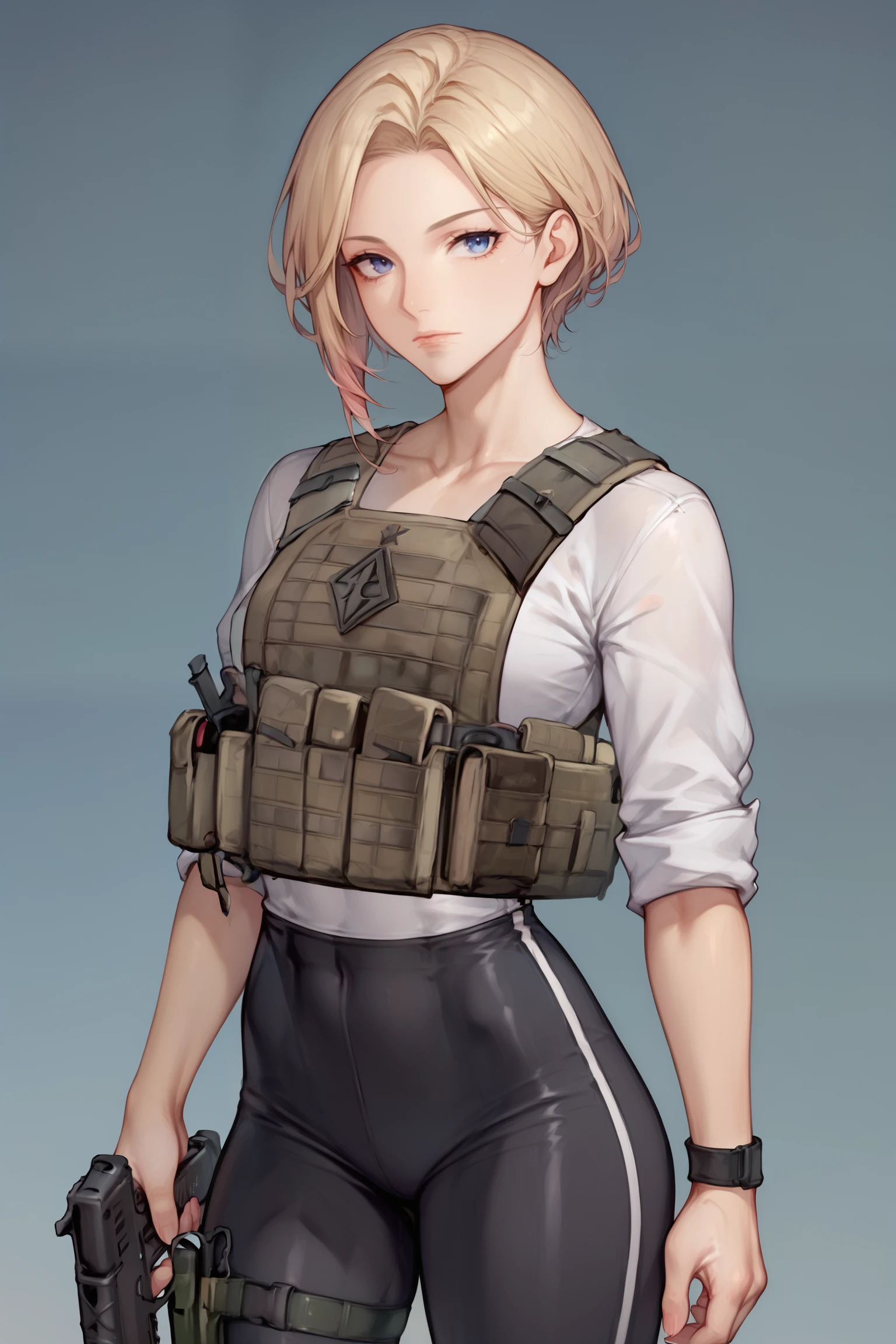 score_9, score_8_up, score_7_up BREAK black platecarrier, 1girl, solo, standing, black tight tactical clothes, sleeves rolled up, holding assault rifle,   <lora:Tacticool_Armor_Plate_carrierHelmetHeadset:1>