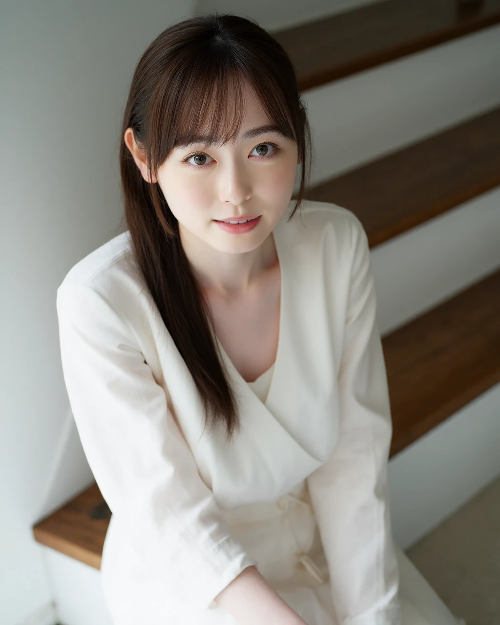 fukuhara,The image is a close-up portrait of a young woman, pale skin. She was wearing a Long sleeved white dress. Her hair is styled in a straight hair, half-down with bangs, fair complexion. looking directly at the camera. Sitting on the stairs.
photography works, Soft lighting. 