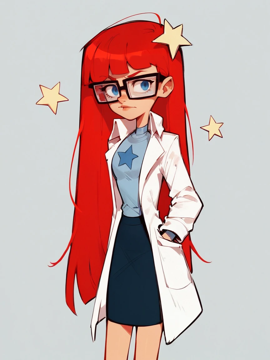 score_9, score_8_up, score_7_up, score_6_up, score_5_up,  <lora:SusanMarytestXLP:1> jt, labcoat, glasses, red hair, long hair, susan test, 1girl, blue eyes, star (symbol), skirt, solo