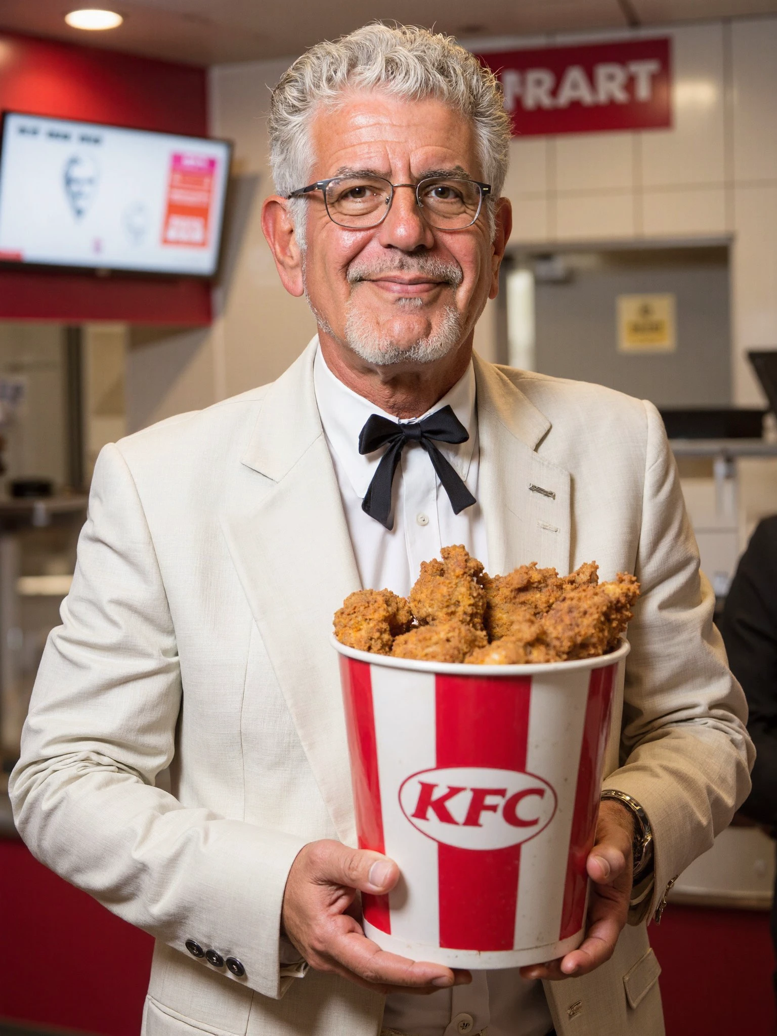 Anthony Bourdain man, standing in a KFC restaurant, holding a bucket of KFC chicken, Kentucky Fried Chicken, smiling, happy, dressed as colonel sanders, white suit with Western Colonel Tie, white goatee, glasses,