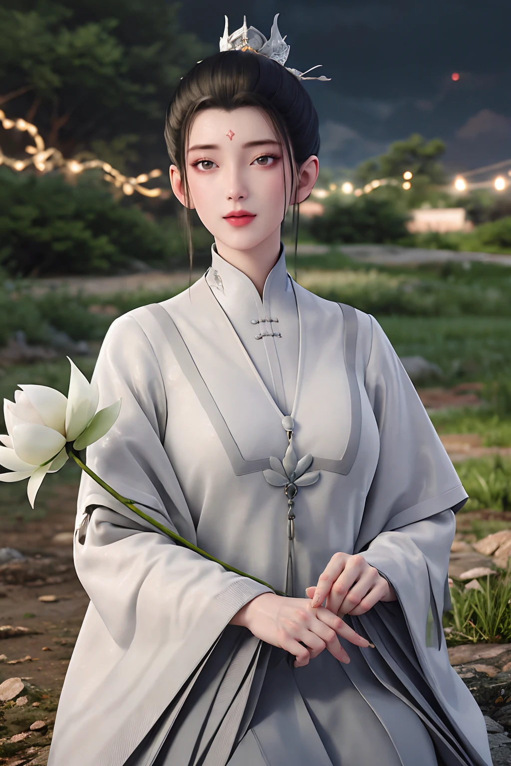 best quality,highres,realistic,absurdres,masterpiece,4k,perfect hands,looking at viewer,
<lora:è´ºå°åè¿åç_v1.0:0.7>,1girl,black hair,blurry background,chinese clothes,forehead,holding,holding flower,holding food,jewelry,outdoors,photo background,upper body,shiny clothes,satin dress,dark,(night:1.1),star \(sky\),sitting,