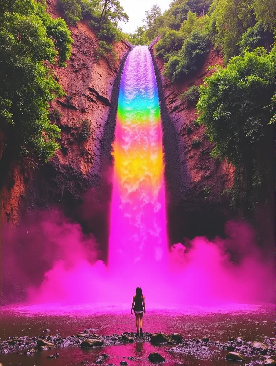 pirai, a person, rainbow waterfall in the amazonas jungle