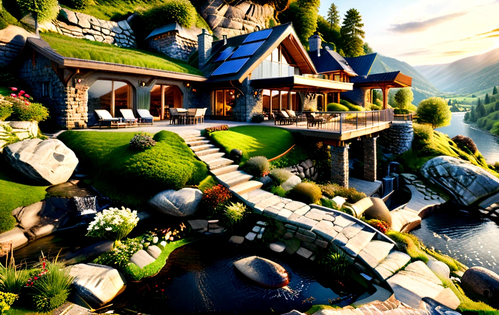 ultra-realistic image with high resolution and stable focus, correct and accurate anatomy, correct and accurate objects, different perspective, perfect detail, of an architectural style of a house built of stone and wood merging with nature, designed for ecological neutrality of natural materials, over a hill in the mountains, wide veranda, table chairs, barbecue, fire pit, swimming pool, dug into the rocks, covered with grass, steps, stone path, waterfall, lake, river, ultra realism, photo realism, single story, multi story, sloping, wind generators ,solar panels,sunset,birds in the sky <lora:fairytale_and_mythical_characters_r1:0.4> <lora:MJ52_v2.0:0.8> <lora:xl_more_art-full_v1:1>