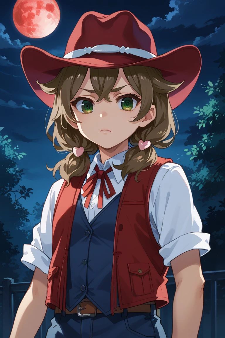 score_9,score_8_up,score_7_up,source_anime,BREAK
Sakura Meifon, low twintails, green eyes, brown hair, cowboy hat, vest,
dark night, shadows, big blood red moon