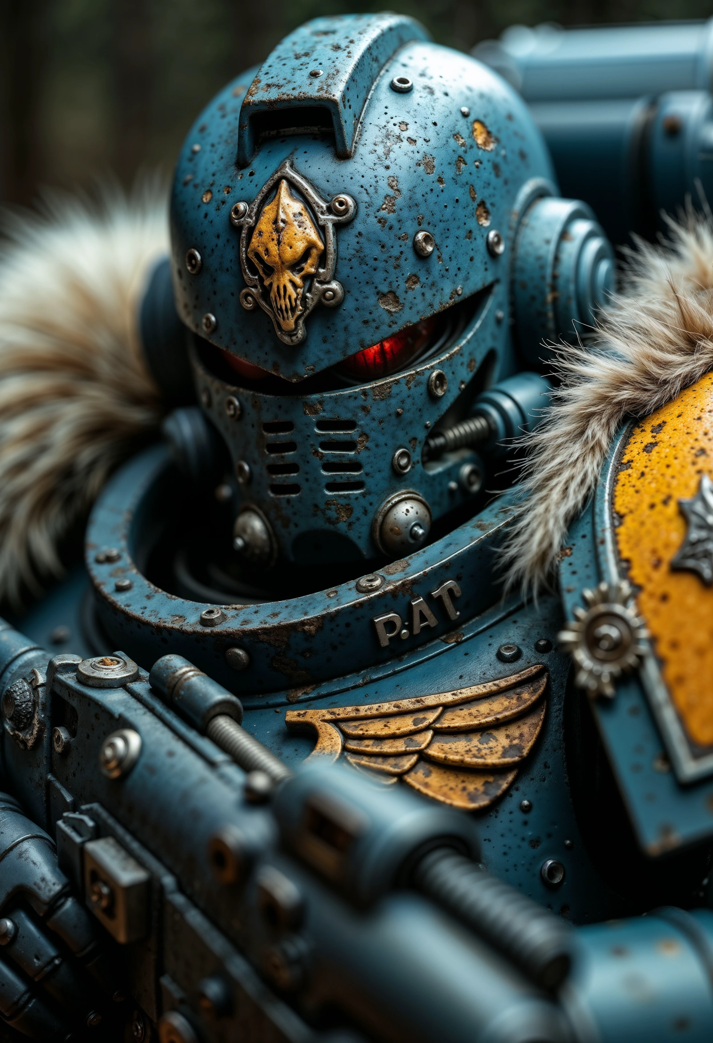 cinematic film still, close up, SpaceW40K holding a rifle, clad in power armor with fur on shoulders. with rich, vibrant colors and meticulous textures for his power armor and helmet, vignette, highly detailed, bokeh, moody, epic, film grain, grainy  <lora:FluxSpaceW40K:1>