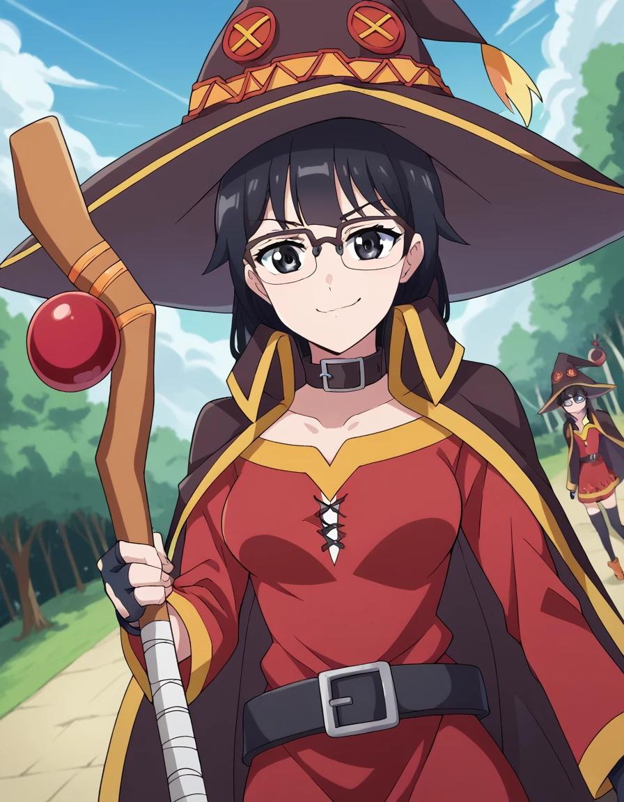 score_9, score_8_up, score_7_up, source_anime, <lora:kyouko-kuroyuri-s1-ponyxl-lora-nochekaiser:1>, kyouko kuroyuri, long hair, black hair, black eyes, glasses, medium breasts,, <lora:megumin-cosplay-ponyxl-lora-nochekaiser:1>, megumin cosplay, megumin (cosplay), thighhighs, gloves, hat, dress, black gloves, belt, black thighhighs, fingerless gloves, cape, collar, witch hat, bandages, red dress, single thighhigh, asymmetrical legwear, bandaged leg,, staff, holding staff, smug, outdoors, looking at viewer, cowboy shot,, , dutch angle,