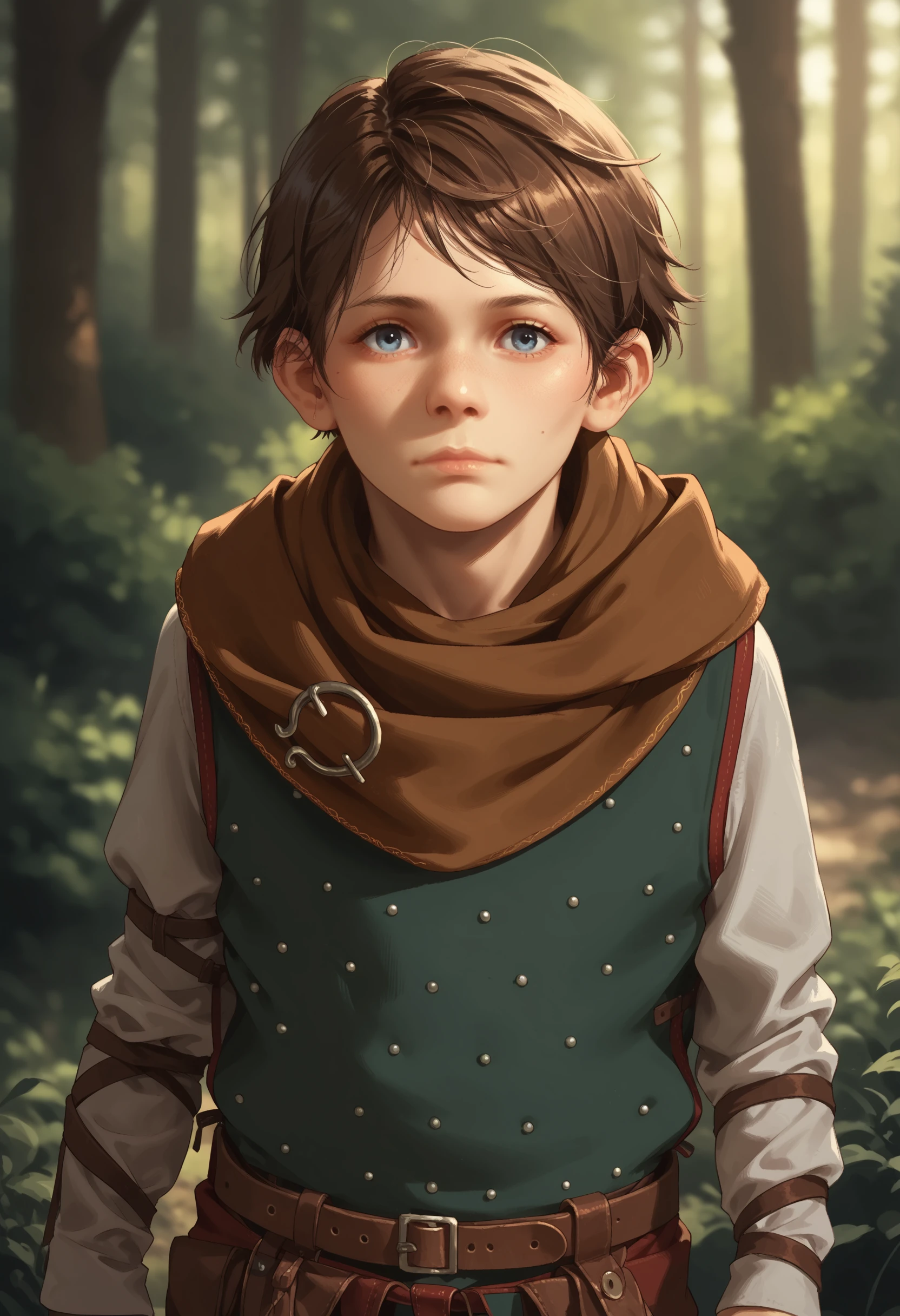 score_9, score_8_up, score_7_up, score_6_up, score_5_up, score_4_up, 1boy, <lora:HugoPTR:0.85> brown hair, short hair, blue eyes, scarf, long sleeves, belt, upper body, from side, standing, looking at viewer, 
forest background,