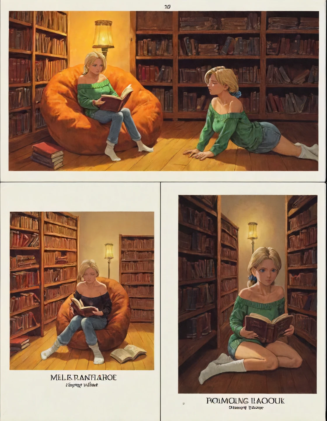 score_9, score_8_up, score_7_up, masterpiece, BREAK
2koma,
1girl, woman, blonde hair, 
off-the-shoulder sweater, high-waisted corduroy pants, scrunch socks, scrunchie,
library, wood bookshelves filled with leather-bound books and a cozy reading nook with a bean bag chair and lava lamp make this '70s library a reading paradise,
<lora:animalia:0.4>