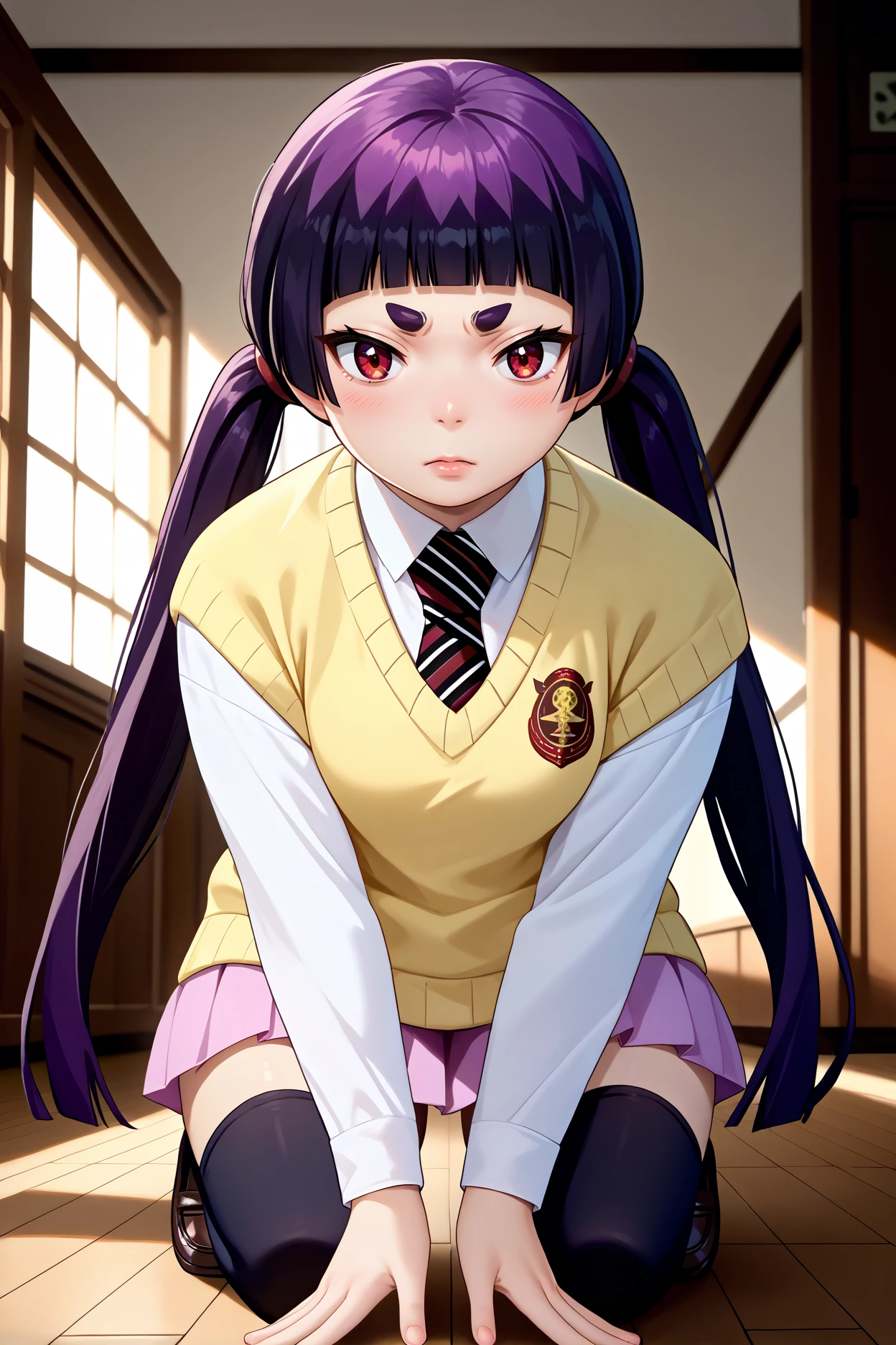 score_9, score_8_up, score_7_up, score_6_up, source_anime, 1girl, solo, <lora:kamikiizumo-pdxl-nvwls-v1-000006:1> izumokamiki, eyebrows, dark purple hair, black hair, low twintails, blunt bangs, red eyes, collared shirt, striped necktie, yellow sweater vest, white shirt, long sleeves, lavender skirt, kneeling, looking at you, loafers, black thighhighs, blush, floor, indoors, looking at you