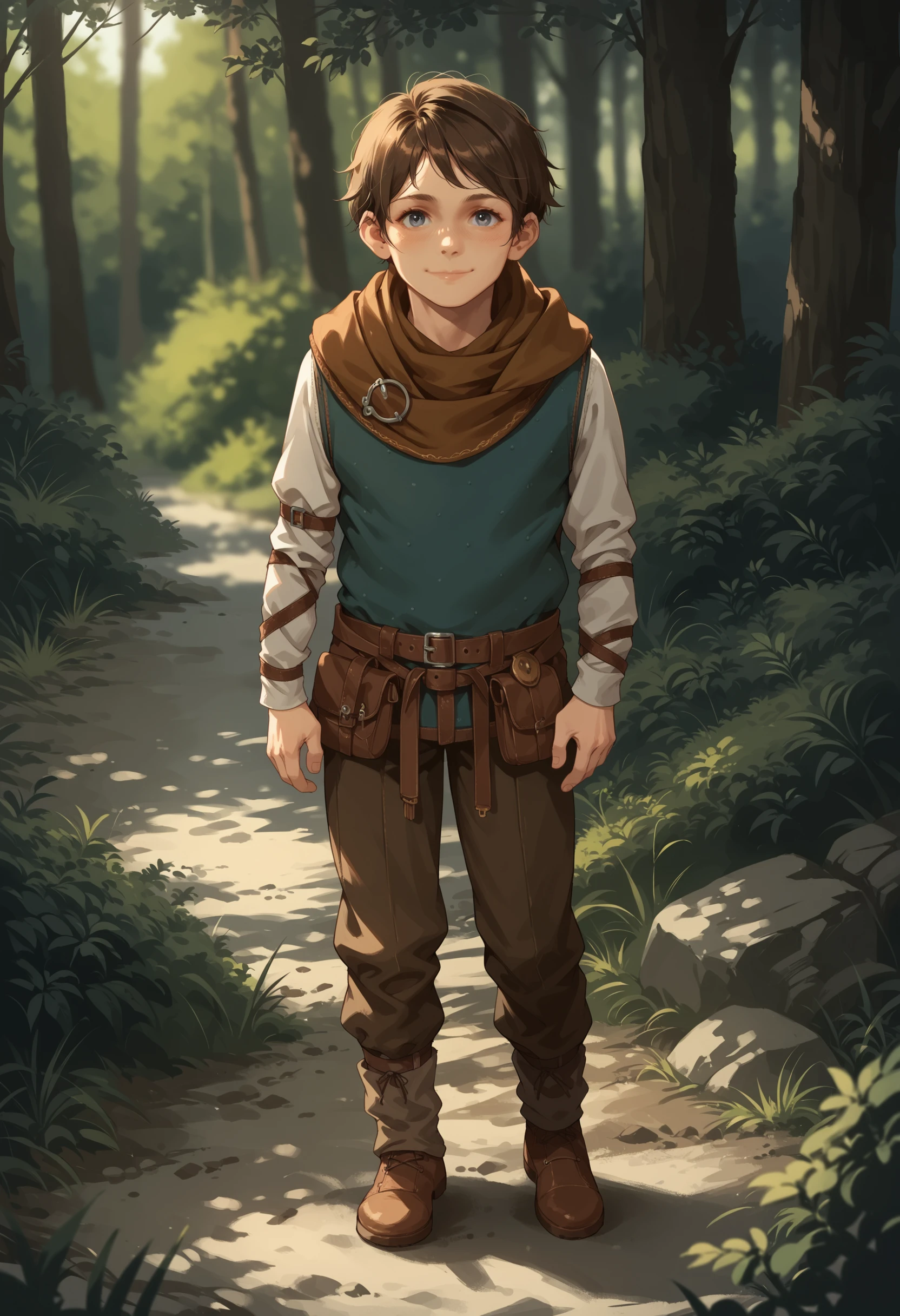 score_9, score_8_up, score_7_up, score_6_up, score_5_up, score_4_up, 1boy, <lora:HugoPTR:0.85> brown hair, short hair, blue eyes, scarf, long sleeves, belt, full body, from side, smile, standing, looking at viewer,
forest background,