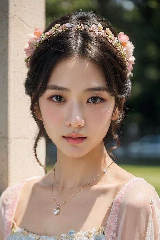 a high-resolution, softly lit photograph featuring a young Asian woman with a delicate, ethereal appearance. She has long, wavy hair in a soft pink hue, styled with bangs that frame her face. Her skin is a smooth, pale complexion, and her eyes are a striking feature, with a subtle, shimmery effect that catches the light. Her lips are painted a soft, muted pink, and she wears a delicate, beaded necklace around her neck. The background is a soft, creamy white, which helps to emphasize the subject's delicate features and the soft pastel colors of her hair and accessories. The image is rich in texture and detail, with a focus on the subject's serene and dreamy expression. The overall aesthetic is whimsical and romantic, evoking a sense of innocence and vulnerability. The photograph's soft focus and pastel colors create a dreamy, ethereal atmosphere, perfect for a fantasy or fairy tale-inspired setting. The subject's delicate features and accessories, such as the floral headpiece, add to the enchanting and otherworldly quality of the image. The style is reminiscent of high-fashion photography, with a focus on delicate, feminine beauty.