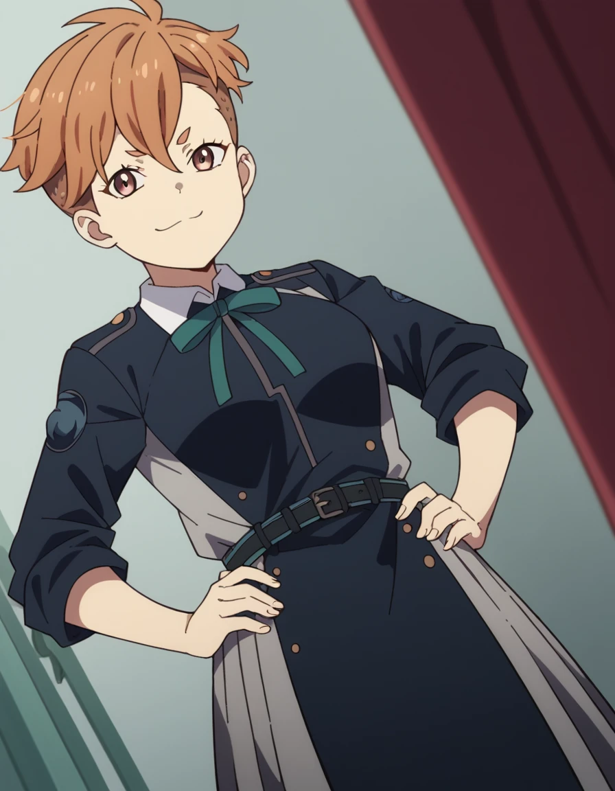 score_9, score_8_up, score_7_up, source_anime, <lora:sakura-otome-s1-ponyxl-lora-nochekaiser:1>, sakura otome, short hair, bangs, brown hair, brown eyes, medium breasts,, shirt, dress, ribbon, school uniform, white shirt, collared shirt, belt, neck ribbon, blue dress, green ribbon, pleated dress, grey dress, two-tone dress, lycoris uniform,, hospital room, bedside, get well flowers, comforting, quiet, , , smug, hands on hips,, solo,, dutch angle,