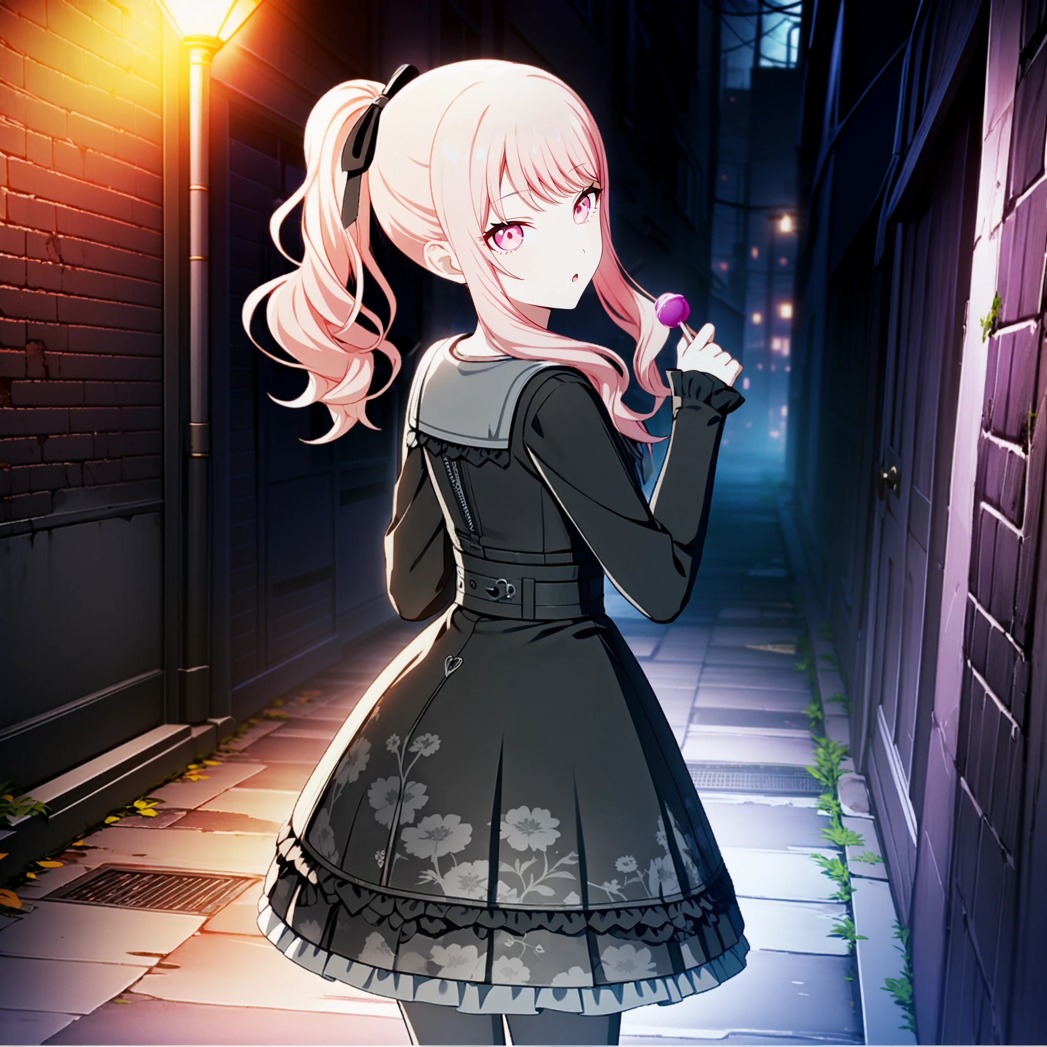 1girl, akiyama mizuki, project sekai, masterpiece, very aesthetic, absurdres, official art,
brandnew mizuki, pink long hair, ponytail, pink eyes, sidelocks,
(from behind:1.2), looking back, looking at viewer, :o, hands up, standing, holding small lolipop, cowboy shot, BREAK
black dress, grey pantyhose, frills, black bow, bow, frilled dress, black pantyhose, black ribbon, floral print, ribbon, belt, black belt, collarbone, black theme, bowtie, sleeves past wrists, buckle, neck ribbon, print dress,
back alley, bricks, gangland, messy town, gang shutters, darksome, spooky, dangerous atmosphere, badness, midnight, night, night road,
<lora:sdxl-25-BNMizuki03:0.9:lbw=0,0,0.2,0.2,0,0.4,0.4,0,0.8,0.8,0,0,0,0.8,0.8,0.6,0.8,0.0,0.0,0.0,0,0,0,0,0,0>