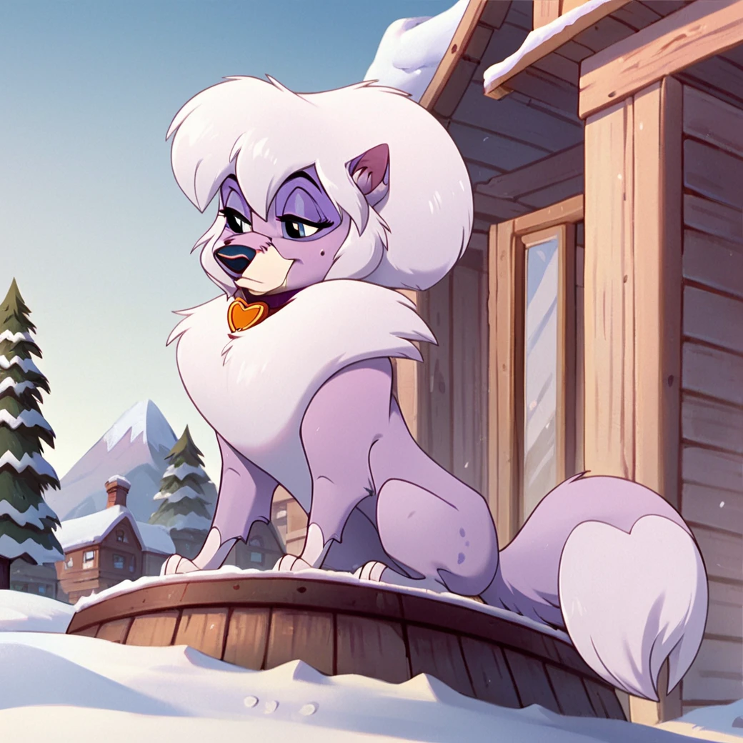 score_9, score_8_up, score_7_up, score_6_up, score_5_up, score_4_up,  <lora:DixieBaltoPNY:1>, dixiefrbalto, body fur, dog, two tone fur, purple fur, collar, blue eyes, solo, no humans, white hair, tail, outside, snow, trees, animal ears, sitting, buildings,