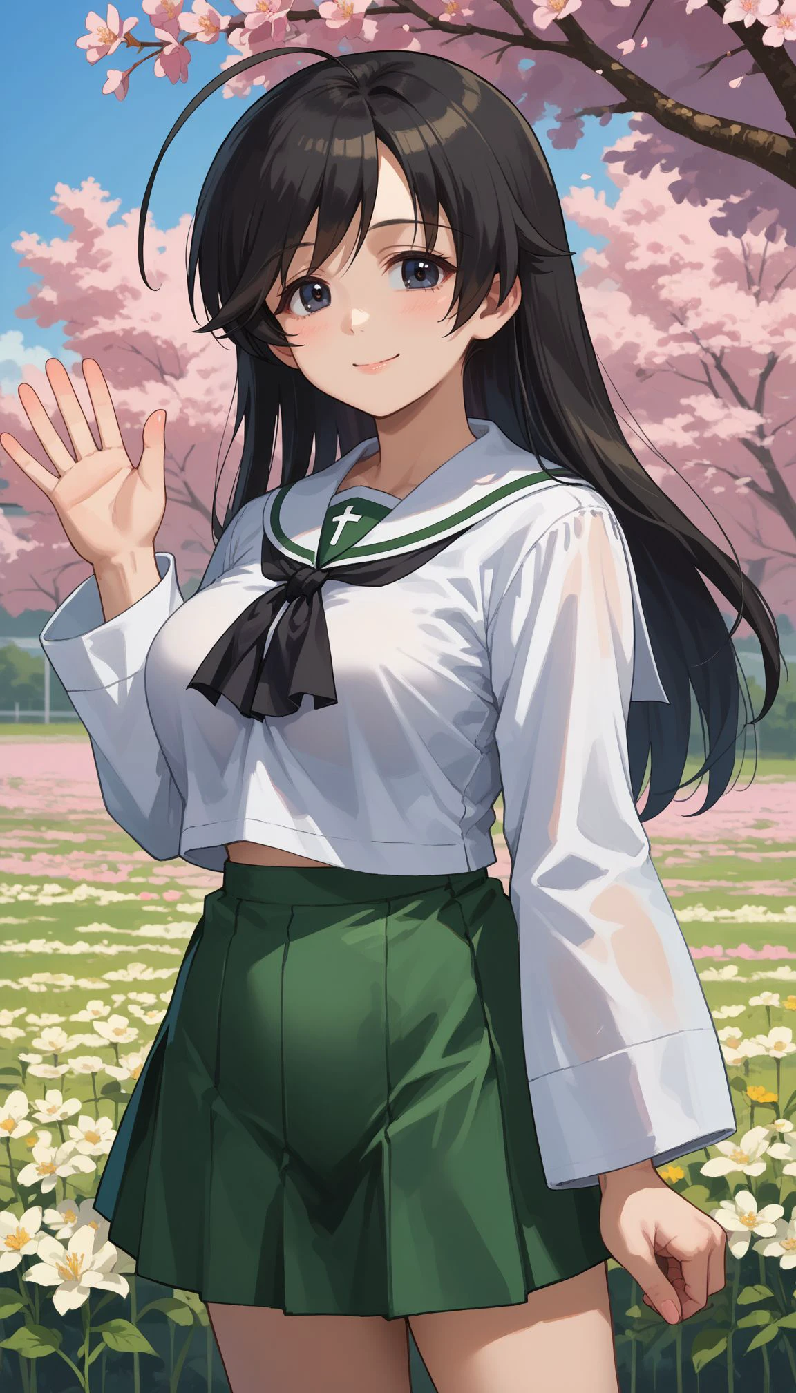 score_9, score_8_up, score_7_up, source_anime,
,outdoors,cherry blossoms,standing,cowboy shot,smile,waving, flower field <lora:GUPHana:1> 1girl, isuzu hana, black hair, long hair, ahoge, black eyes, large breasts, , ooarai school uniform,white sailor collar,black neckerchief,white shirt,long sleeves,green skirt,black socks,loafers