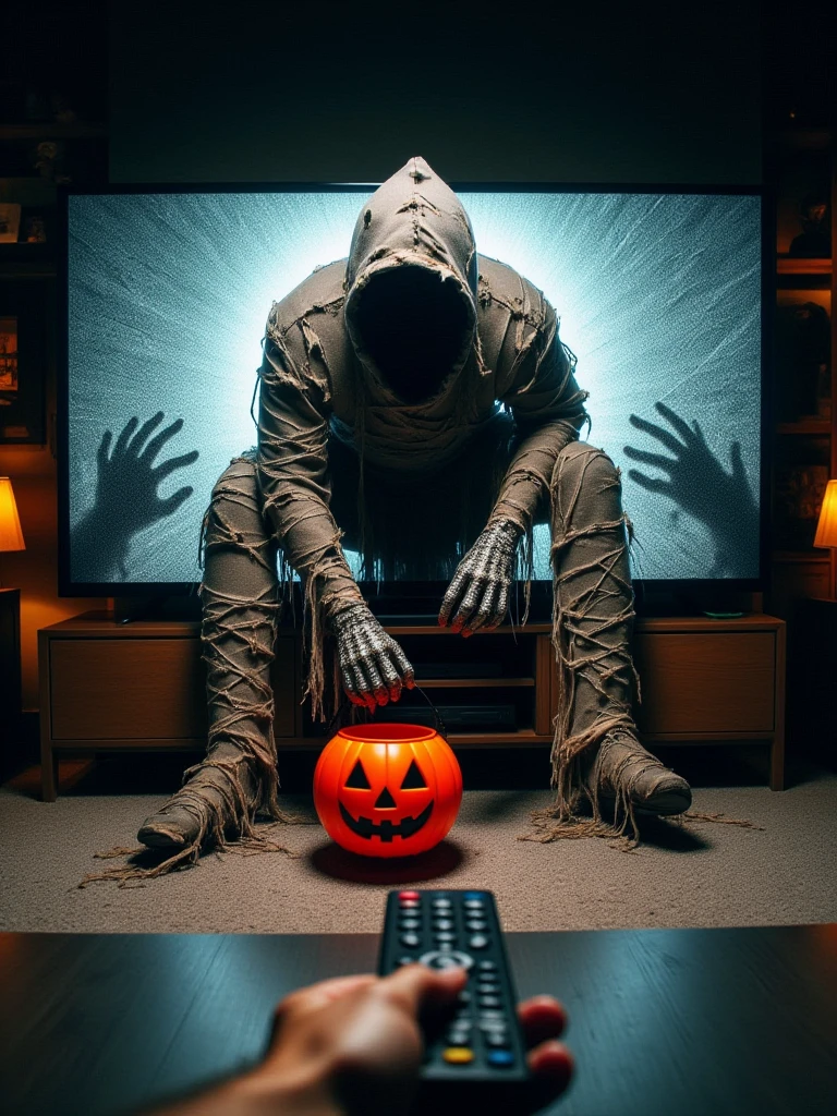 "A spiderman dressed in torn clothing is crawling out of a large television screen. holding a Halloween-themed pumpkin bucket. The oversized television dominates the room. The living room is dimly lit. The scene creates an eerie atmosphere. The hands are spread on the floor, emerging from the TV in a supernatural, unsettling manner. The scene conveys a chilling vibe, enhancing the sense of horror.