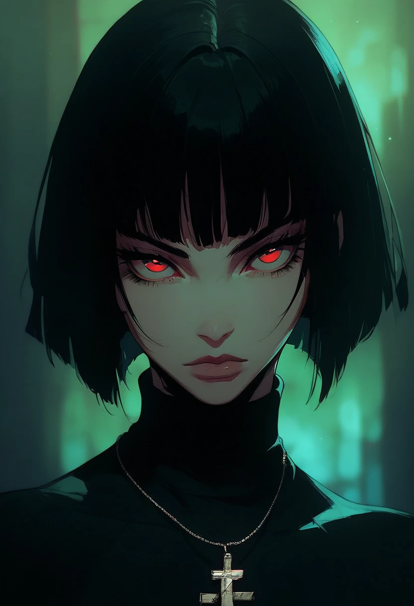 score_9, score_8_up, score_7_up, flat color, gthan, 1girl, solo, short hair, black hair, jewelry, looking at viewer, necklace, cross, portrait, bangs, red eyes, closed mouth, turtleneck, blurry background, cross necklace, lips, piercing, blurry, bob cut, eyelashes