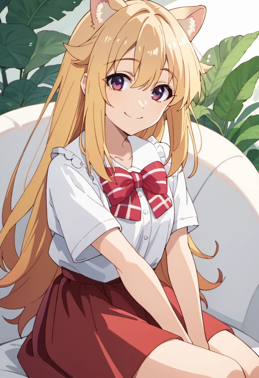 score_9, score_8_up, score_7_up, source_anime, koshi torako, long hair, blonde hair, purple eyes, 1girl, solo, animal ears, looking at viewer, bow, short sleeves, skirt, white shirt, smile, sitting, shirt, red skirt