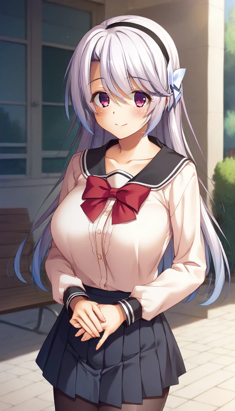 score_9,score_8_up,score_7_up,score_6_up BREAK official art,solo,outdoors,cowboy shot,looking at viewer,facing viewer,smile,blush,Watase Nagisa,long hair,white hair,hair intakes,black hairband,hair ribbon,white ribbon,hair between eyes,bangs,pink eyes,collarbone,school uniform,black sailor collar,white shirt,red bowtie,long sleeves,large breasts,miniskirt,black skirt,pleated skirt,black pantyhose,loafers,black footwear,<lora:Watase Nagisa(skhsk)-Pony:1.4>,