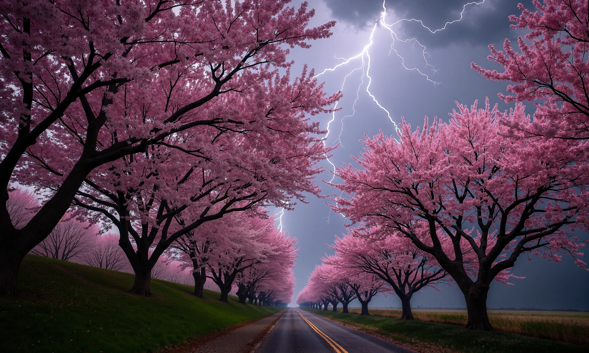 LIGHTNING, pink cherry trees, cherry blossoms in the air, moody, beautiful, 8K