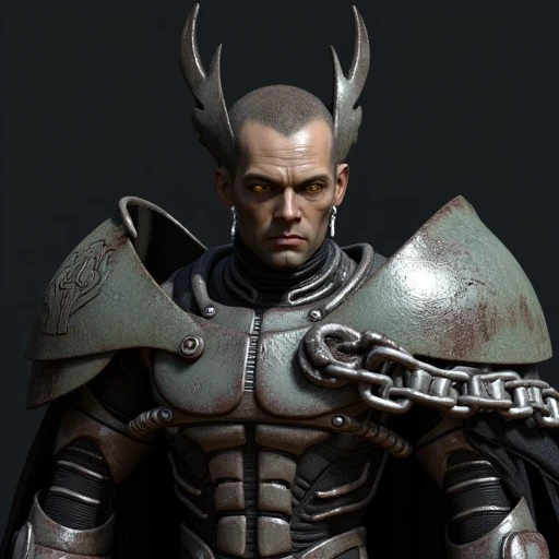 possibly advanced material.   The armor covers his torso and arms, giving him a mysterious, enhancing the worn appearance., menacing yellow eyes, stylized emblem on its shoulder pad, leaving only her face exposed., closely-cropped hair. He has a serious, sharp horns extending from the top, The image is a high-resolution photograph of a detailed, and a small insignia on the chest., viewed from behind