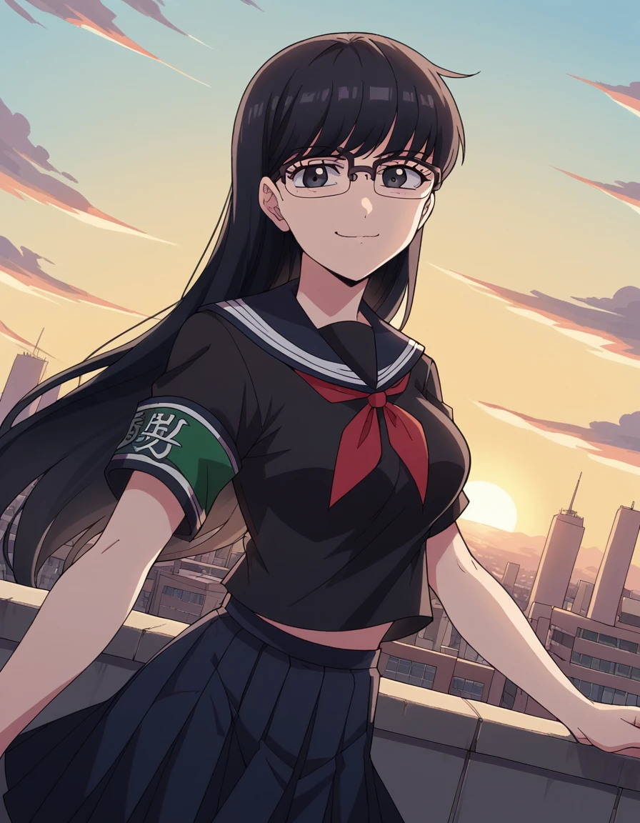 score_9, score_8_up, score_7_up, source_anime, <lora:kyouko-kuroyuri-s1-ponyxl-lora-nochekaiser:1>, kyouko kuroyuri, long hair, black hair, black eyes, glasses, medium breasts,, skirt, school uniform, pantyhose, pleated skirt, serafuku, armband, black shirt,, rooftop, sunset, cityscape, quiet moment, wind blowing, contemplative, , looking at viewer, smug, solo,, dutch angle,