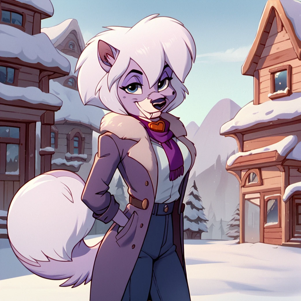 score_9, score_8_up, score_7_up, score_6_up, score_5_up, score_4_up,  <lora:DixieBaltoPNY:1>, dixiefrbalto, body fur, dog, two tone fur, purple fur, collar, blue eyes, solo,  white hair, tail, outside, snow, trees, animal ears, looking at viewer, buildings, smile, fangs, furry female, furry, anthro, wearing coat and scarf, standing, anthropomorphic, shirt, jeans,   slim waist, medium breasts, (source furry),