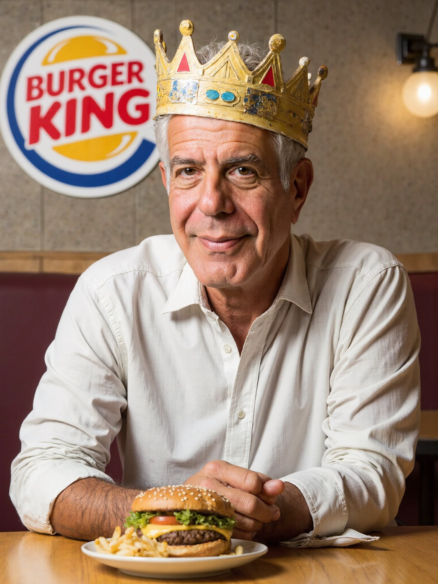 Anthony Bourdain man, wearing white dress shirt, paper Burger King crown on head, sitting in a Burger King restaurant, Burger King hamburger and french fries food in front of him on table, happy, smiling, large burger king logo sign on wall, 