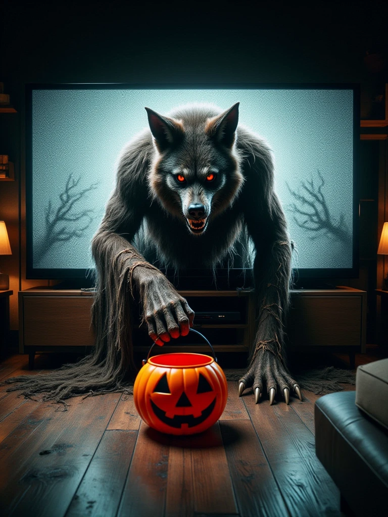 "A werewolf dressed in torn clothing is crawling out of a large television screen. The werewolf is holding a Halloween-themed pumpkin bucket. The figure has thick fur covering its body and sharp claws, obscuring its identity. The oversized television dominates the room. The living room is dimly lit. The scene creates an eerie atmosphere. The werewolf's hands are spread on the floor. The werewolf is emerging from the TV in a supernatural, unsettling manner. The scene conveys a chilling vibe, enhancing the sense of horror."