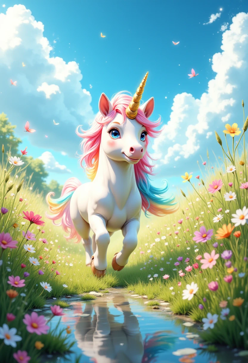 the baby unicorn prancing through a colorful meadow, its golden horn glistening in the sunlight, and the rainbow mane flowing gently in the breeze. water shows unicorn reflections, The wildflowers surround it, and tiny clouds of sparkling dust puff up with each step. The sky is a brilliant blue with fluffy white clouds, while curious woodland creatures watch from the edge of the meadow. The whole atmosphere feels magical and full of innocence, perfectly capturing a fairy tale moment. Itâs a lovely, enchanting image.<lora:Ultima_Flux_v1:0.4>