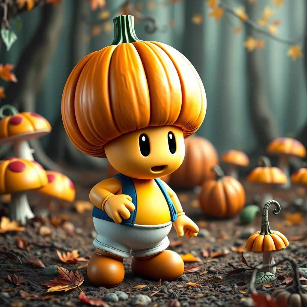 toad from supermario with a pampmpkn head made out of pumpkin. he is wearing a blue vest and a white shorts. he is in  a mushroom forest with autumn decoration in the background, cozy feeling