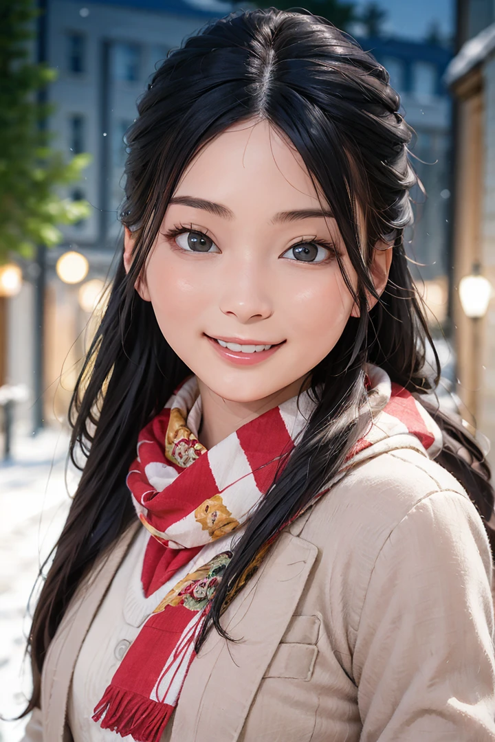 1girl,solo,long hair,black hair,black eyes,smile,teeth,school uniform,scarf,looking at viewer,outdoors,((night)),nature,road,snow,portrait,blurry,Highly detailed,(ultra-detailed),(best quality,masterpiece:1.5),<lora:Suzu:0.65>,