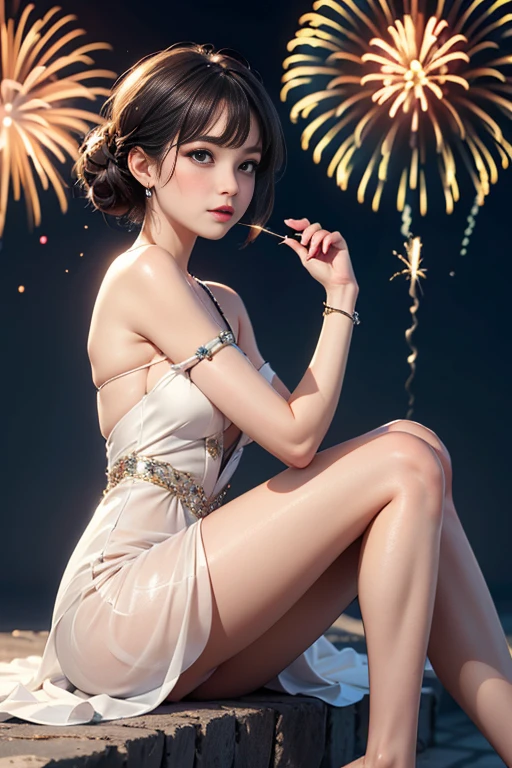 masterpiece, best quality, 1girl, dynamic angle, sparkle_background, lens_flare, barefoot, blush, strap_slip, rainbow, fireworks, bare_shoulders, sitting, dress,couture_dress,
 <lora:couture_dress:0.2>