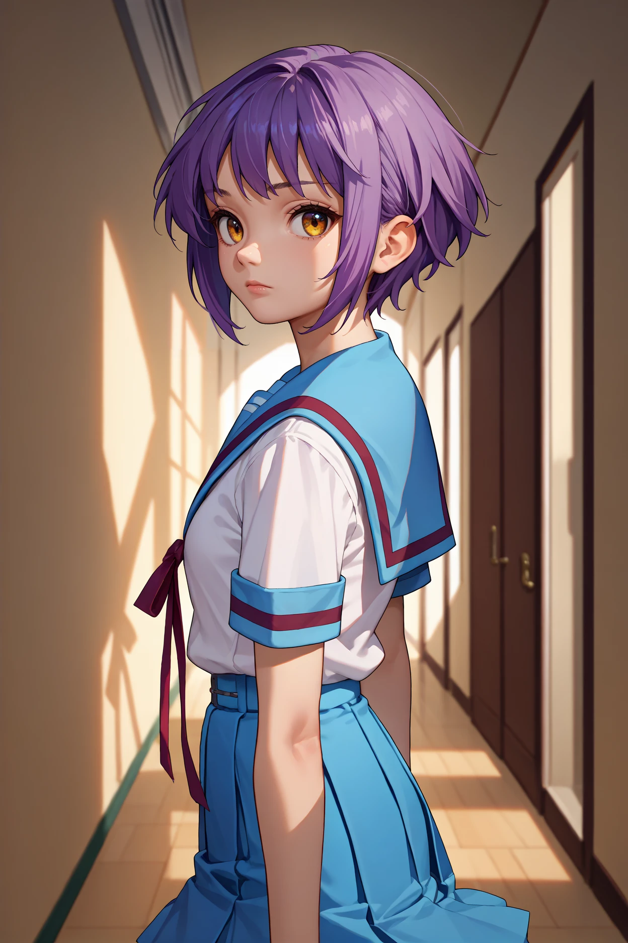 score_9, score_8_up, score_7_up, score_6_up, source_anime, 1girl, solo,  <lora:nagatoyuki-pdxl-nvwls-v1-000005:1> yukinagato, purple hair, short hair, amber eyes, short sleeves, blue sailor collar, white shirt, neck ribbon, pleated skirt, blue skirt, from side, looking at you, hallway